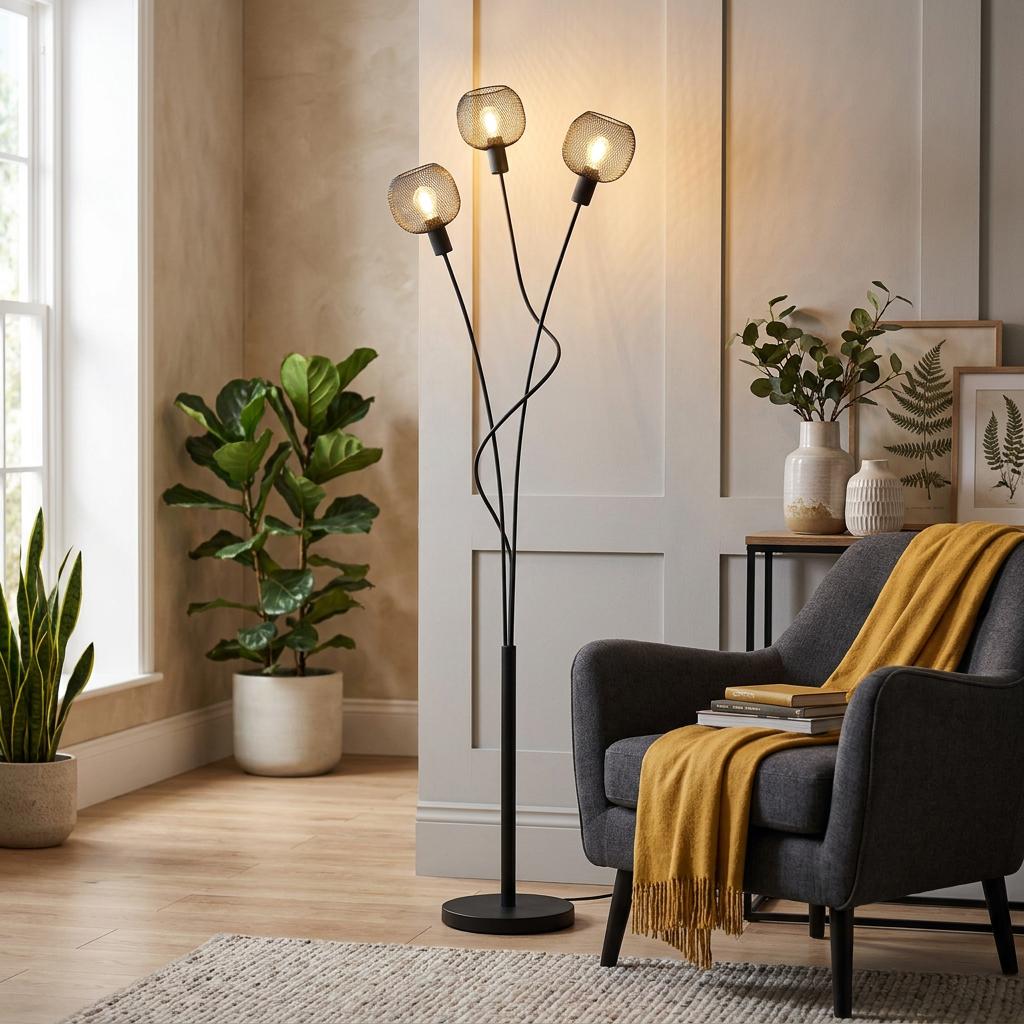 Black 3-light floor lamp with mesh shades in a modern living room next to a gray armchair and potted plants.