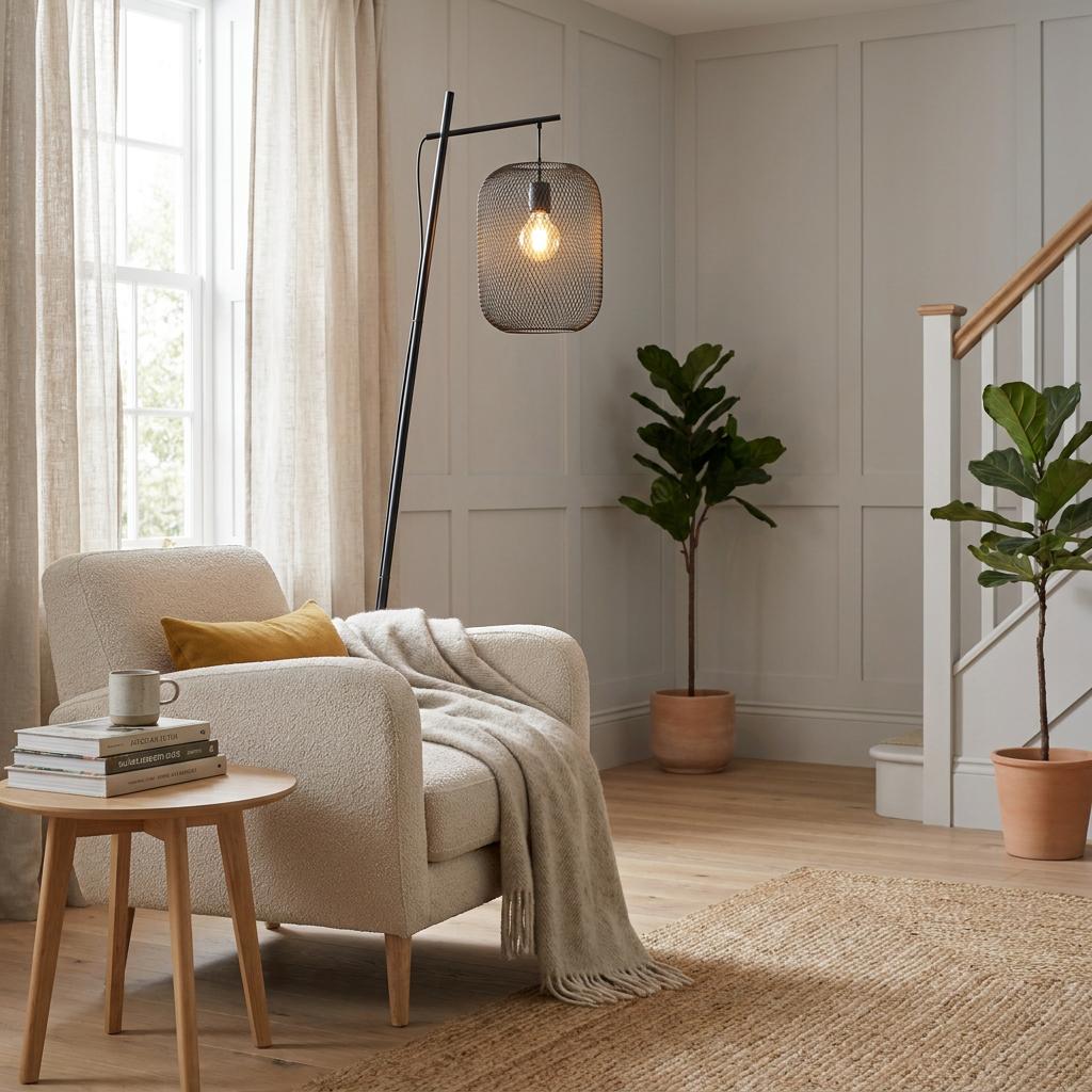 Black floor lamp with a cylindrical mesh shade arched over a plush beige armchair in a bright living room.