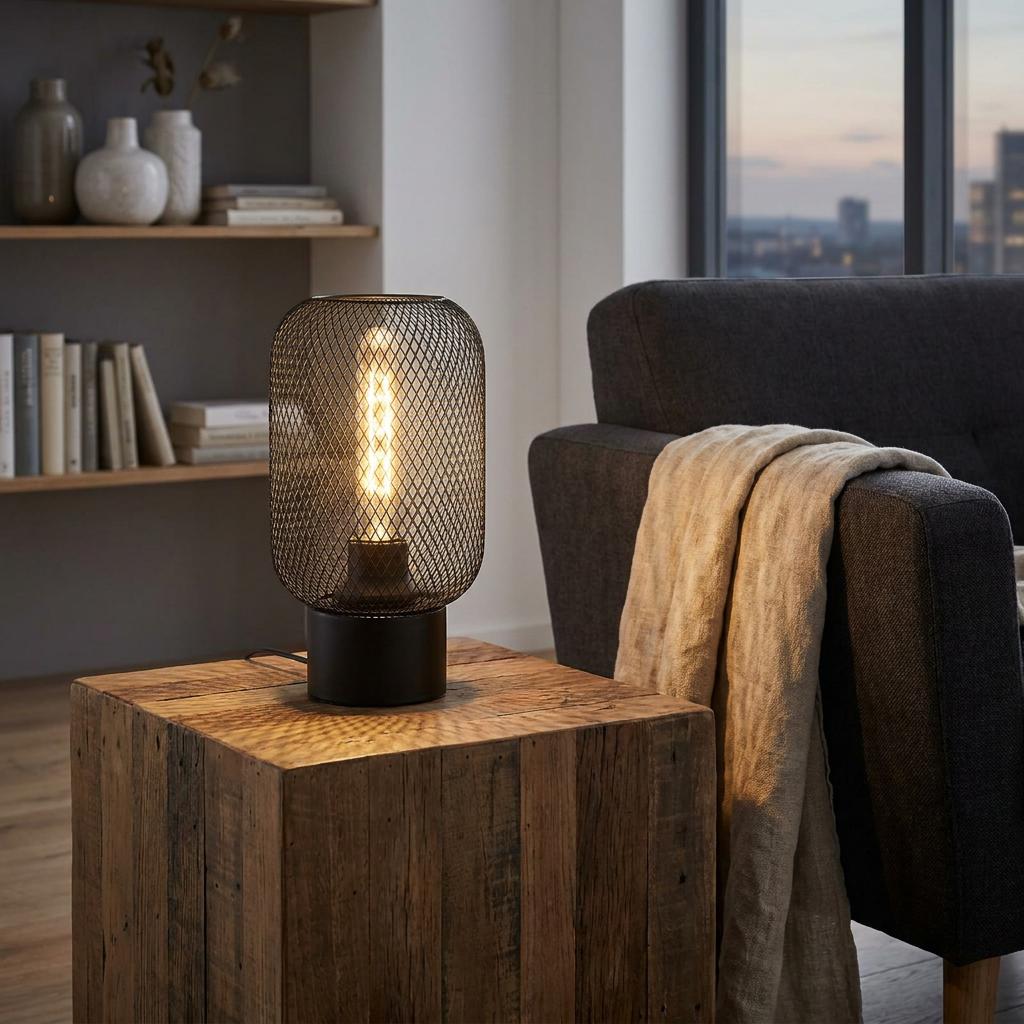 Black metal mesh table lamp with a glowing filament bulb on a rustic wooden side table in a living room setting.