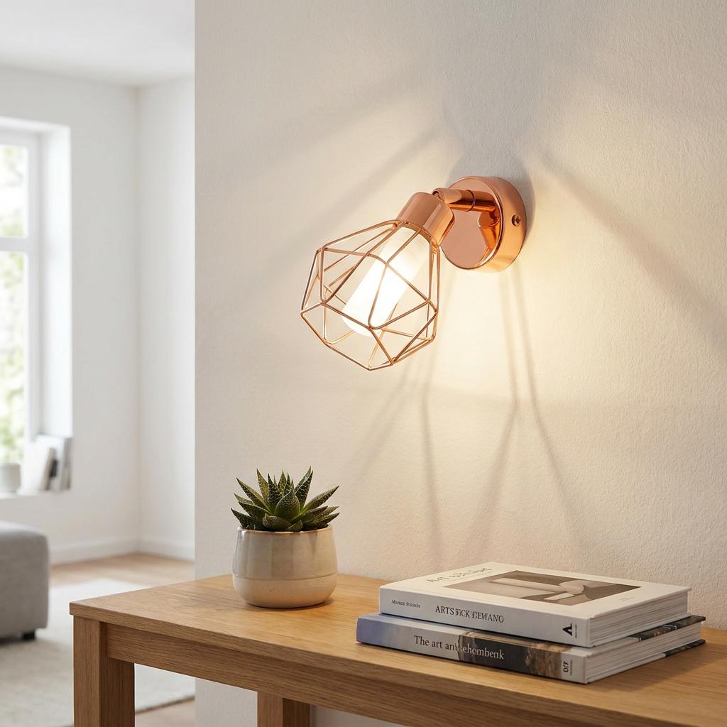 A copper geometric wire cage wall spotlight illuminated on a white wall above a wooden table with books.
