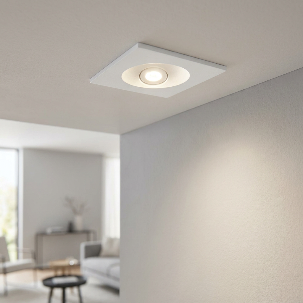 Square white recessed LED downlight illuminating a neutral wall in a modern living space.