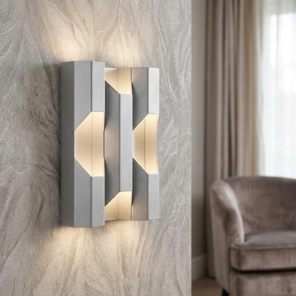 Silver geometric wall lamp with upward and downward light glow on a textured wall.