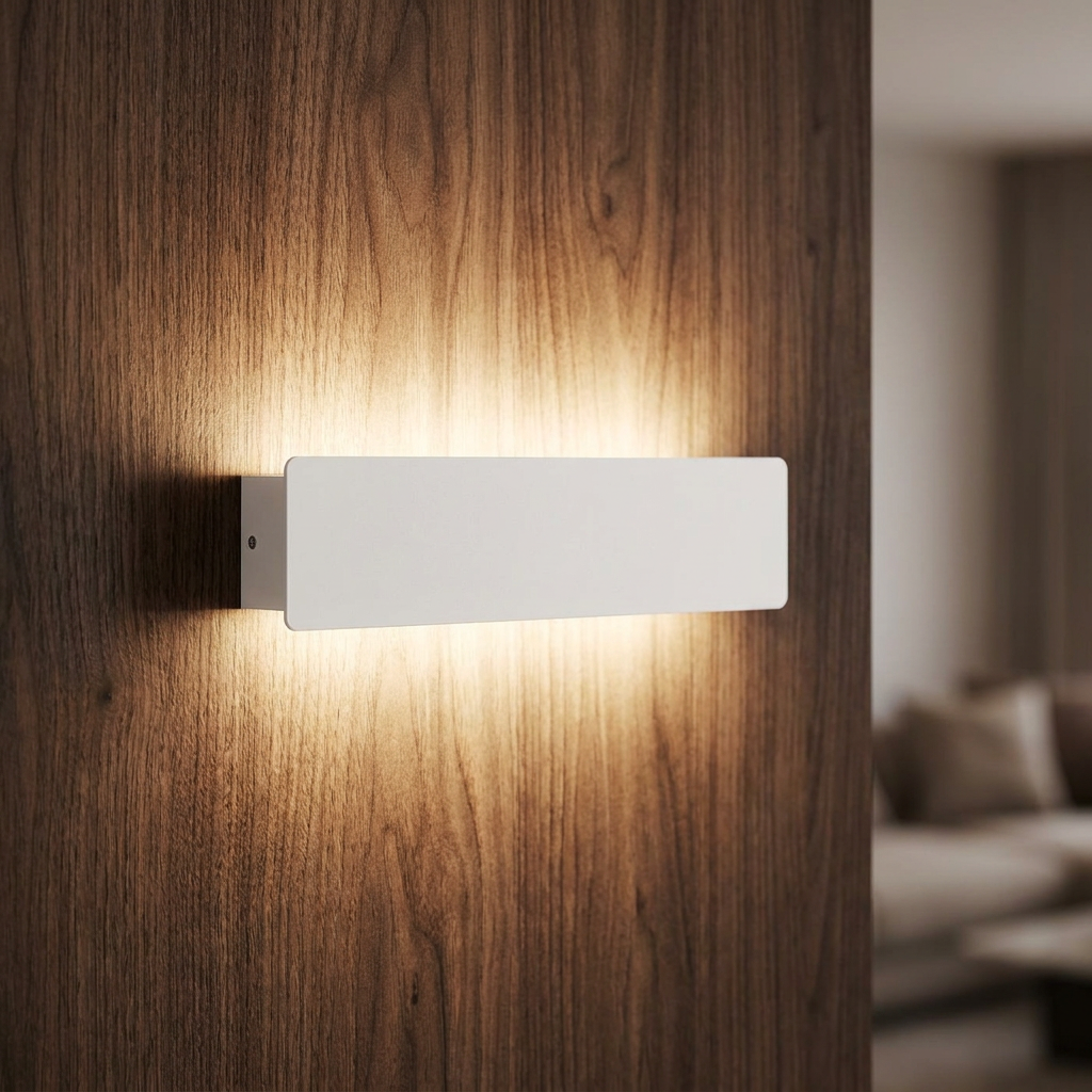 A sleek white rectangular LED wall light mounted on a dark wood panel, casting a warm glow up and down.