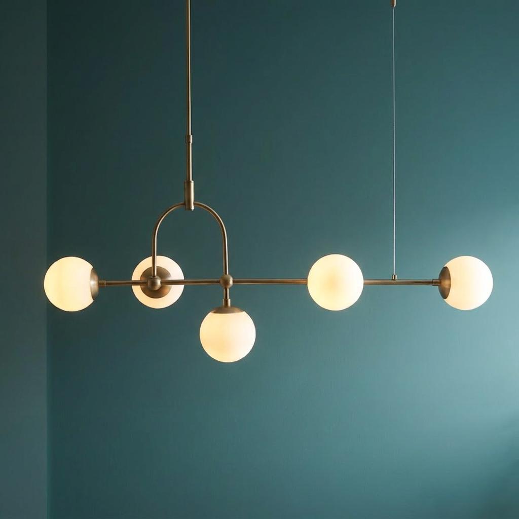 Modern brass Art Deco pendant featuring five illuminated opal glass globes against a deep teal wall.