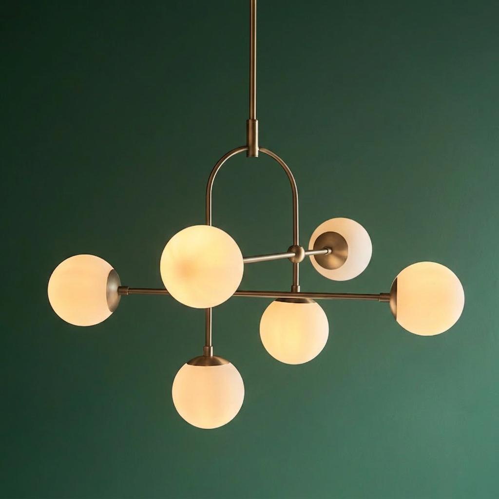 Eldorado brass chandelier with six opal glass globes against a deep green wall.