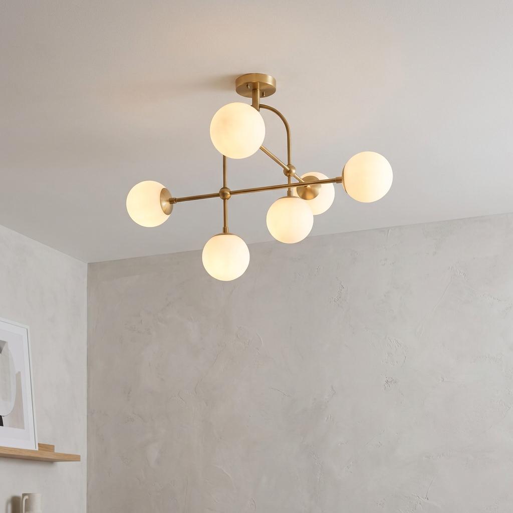 Modern six-light brass semi-flush ceiling fixture with opal glass globes against a light textured wall.