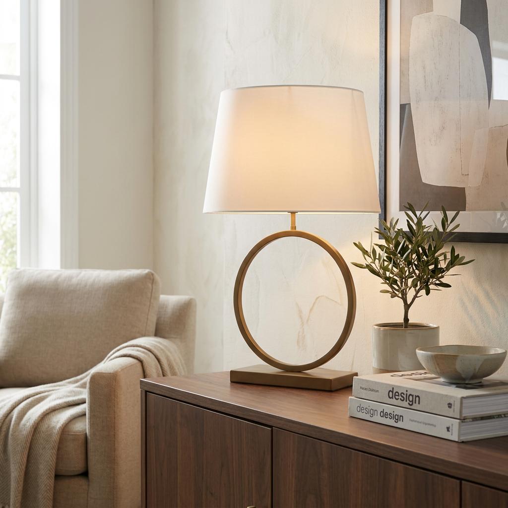 Modern bronze table lamp with a circular base and white cotton shade, glowing softly on a wooden sideboard.