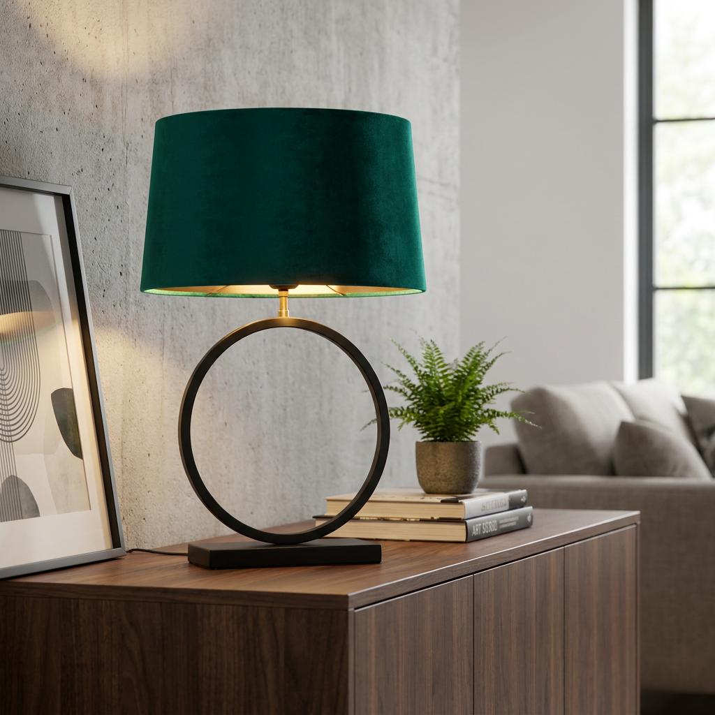 Matt black circular table lamp with an emerald green velvet drum shade on a wooden sideboard in a living room.