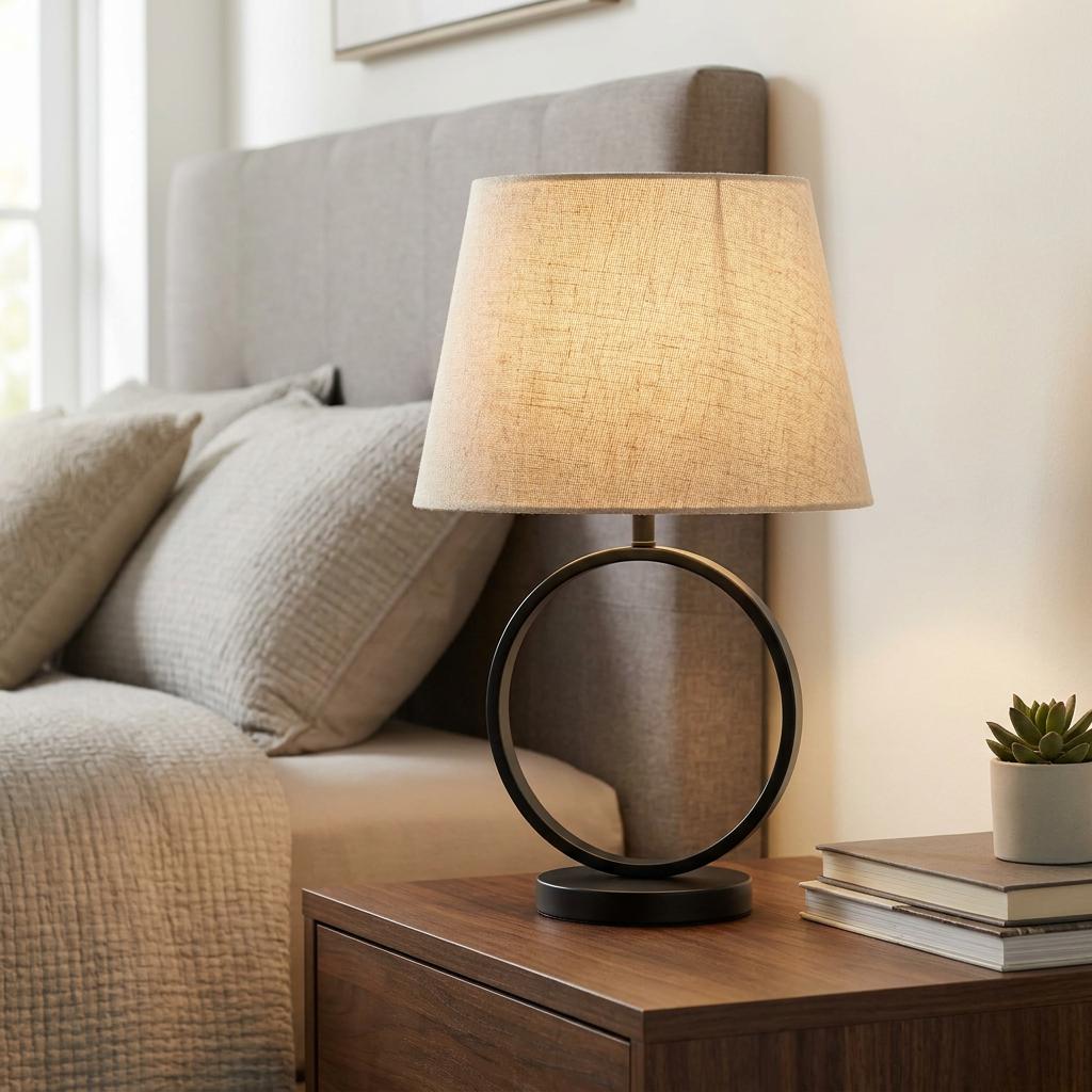 Elegant matt black metal table lamp with a circular base and natural fabric shade on a wooden bedside table.