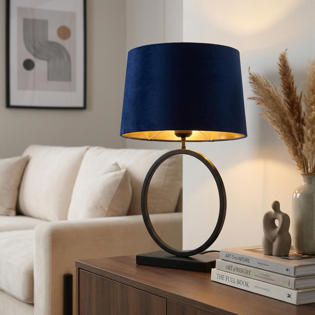 Modern table lamp with a navy velvet shade and circular black metal base on a wooden sideboard in a living room.