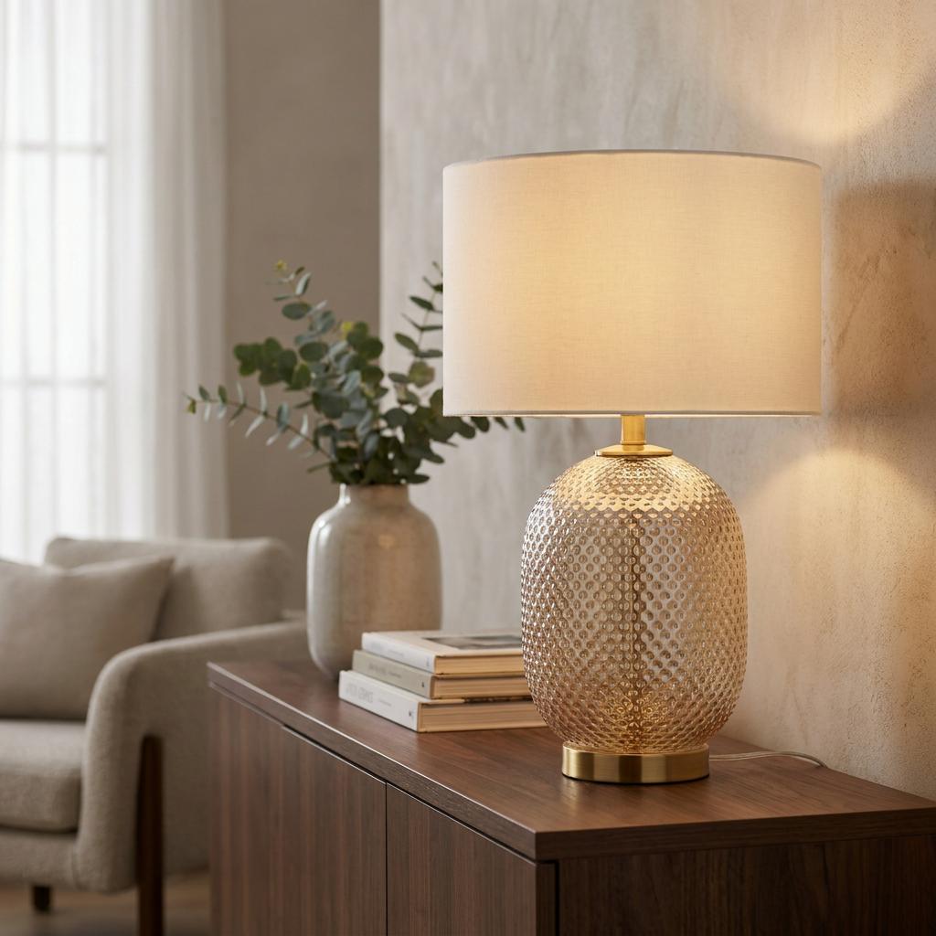 Elin dimple champagne glass touch table lamp with a white shade on a wooden sideboard in a warm room.