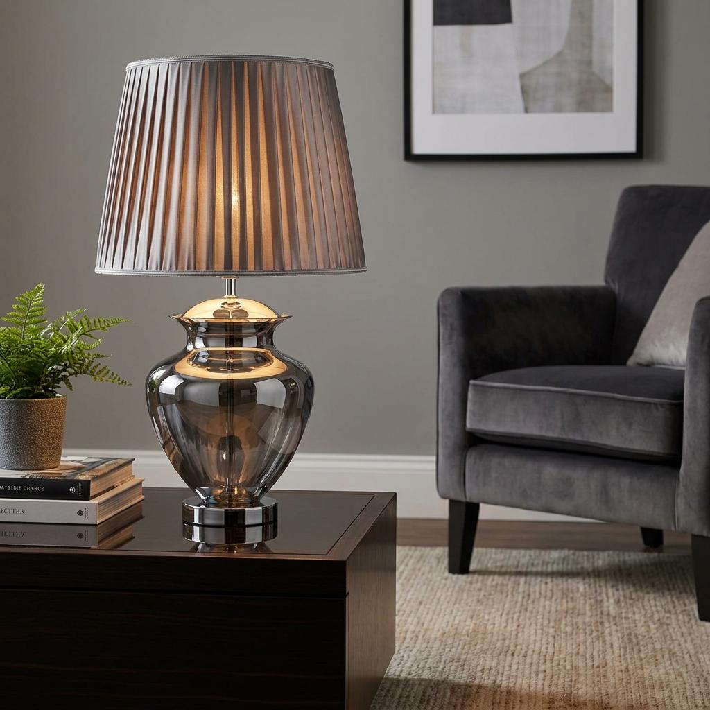 Elina smokey glass and chrome urn table lamp with a pleated pewter shade on a dark wood coffee table.