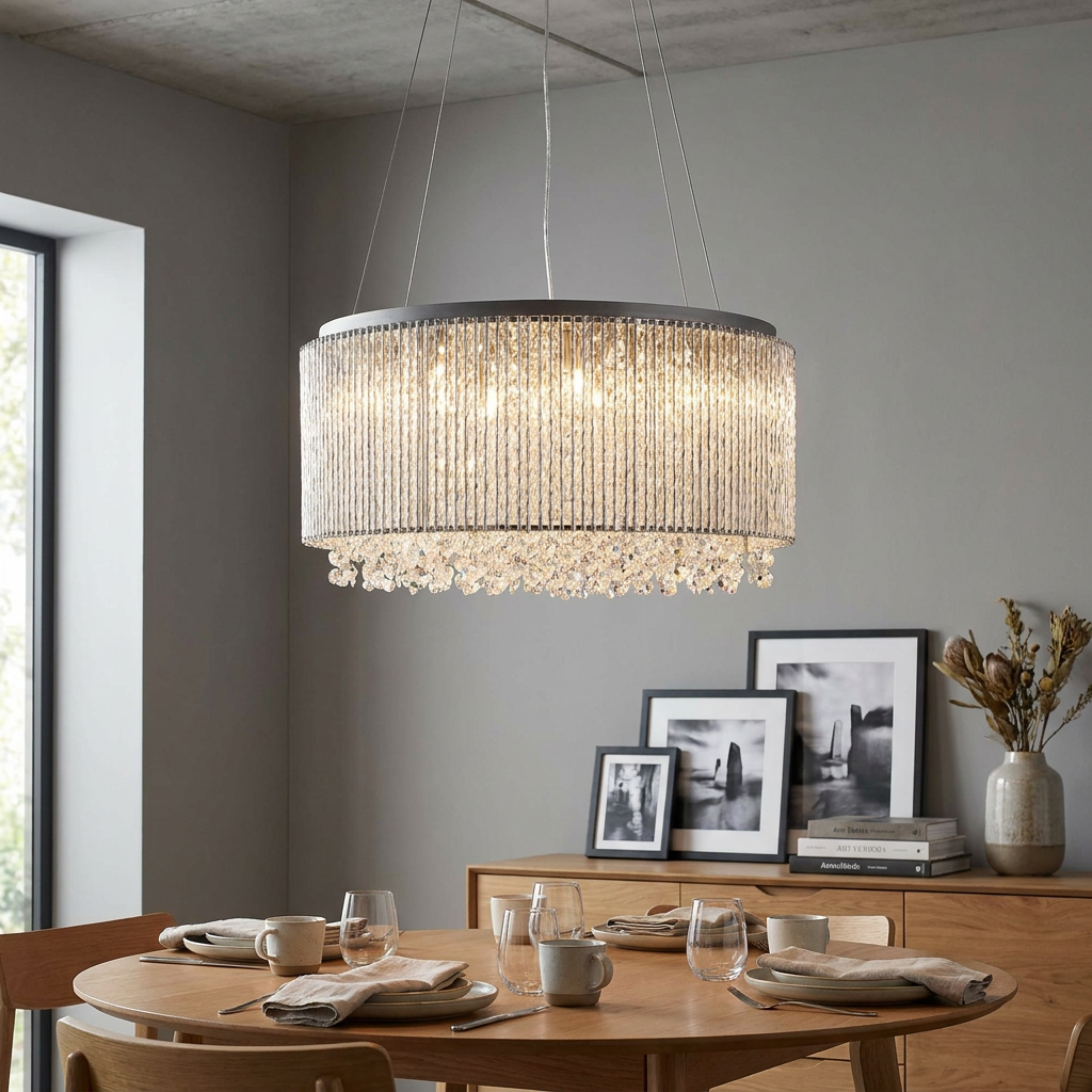 Round chrome and crystal pendant light hanging over a wooden dining table in a contemporary grey room.