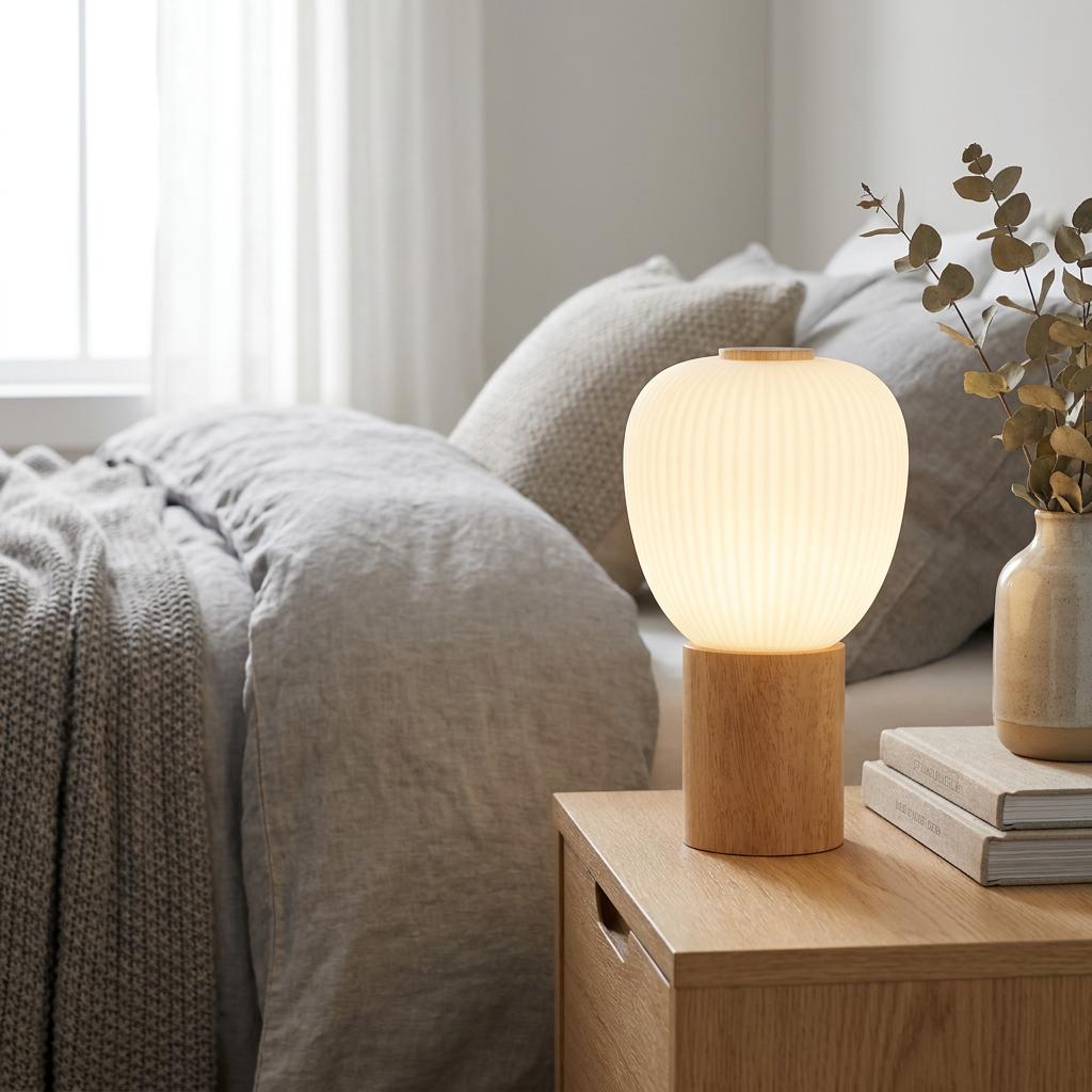 An illuminated Ella table lamp with a ribbed glass shade and wooden base sits on a bedside table.