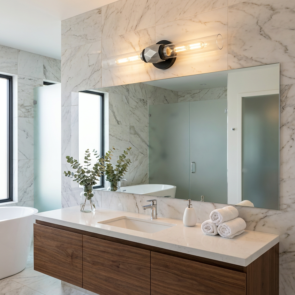 Ellison Double Black and Brushed Nickel wall light mounted above a mirror in a modern marble bathroom.