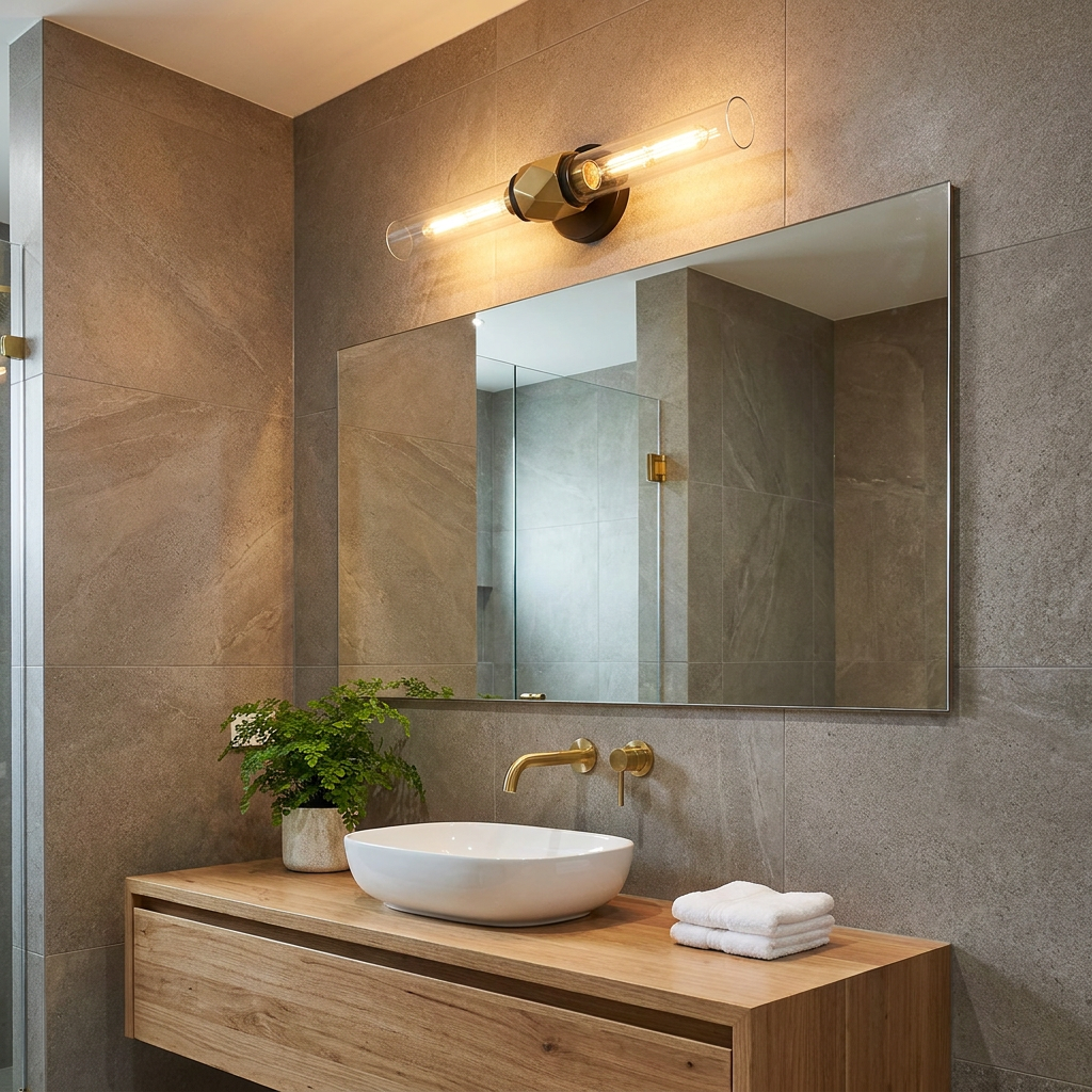 Ellison Double Black with Heritage Brass Wall Light above a mirror in a modern bathroom with a wooden vanity.
