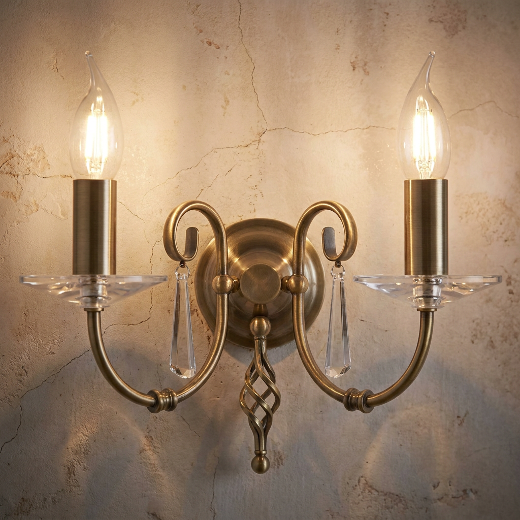 Aged brass Aegean two-light wall sconce with crystal droplets on a textured plaster wall.