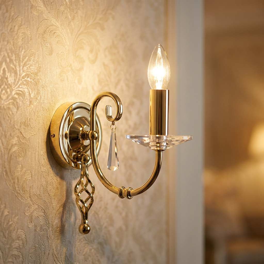Polished brass one-light wall sconce with crystal droplet mounted on ornate damask wallpaper.
