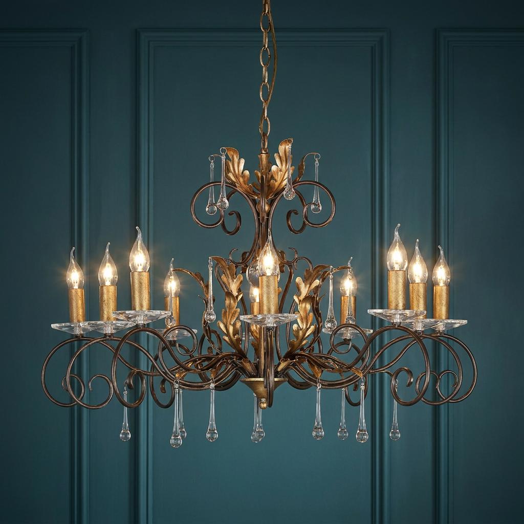 A 10-light bronze and gold chandelier with leaf details and glass droplets hanging against a blue paneled wall.