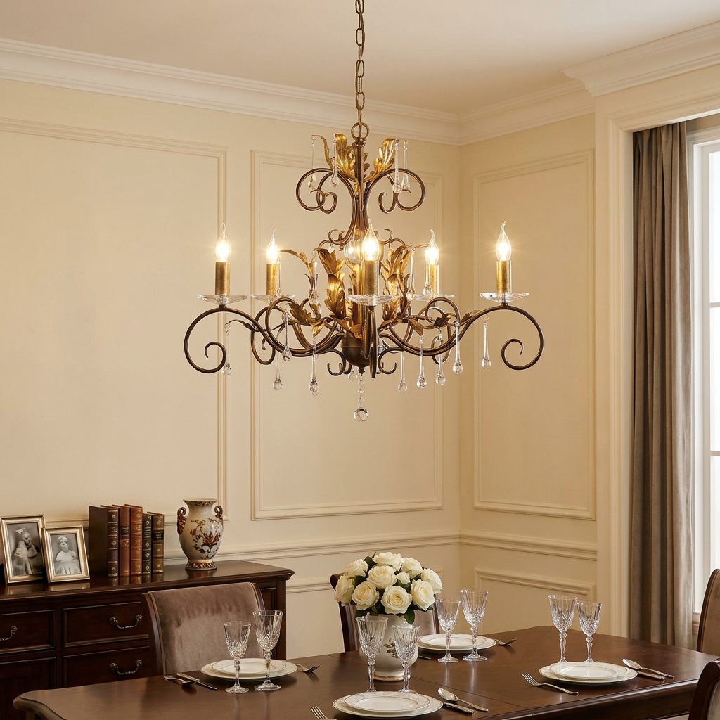 Elstead Amarilli bronze 15-light chandelier with gold leaf and crystal accents hanging in a traditional dining room.