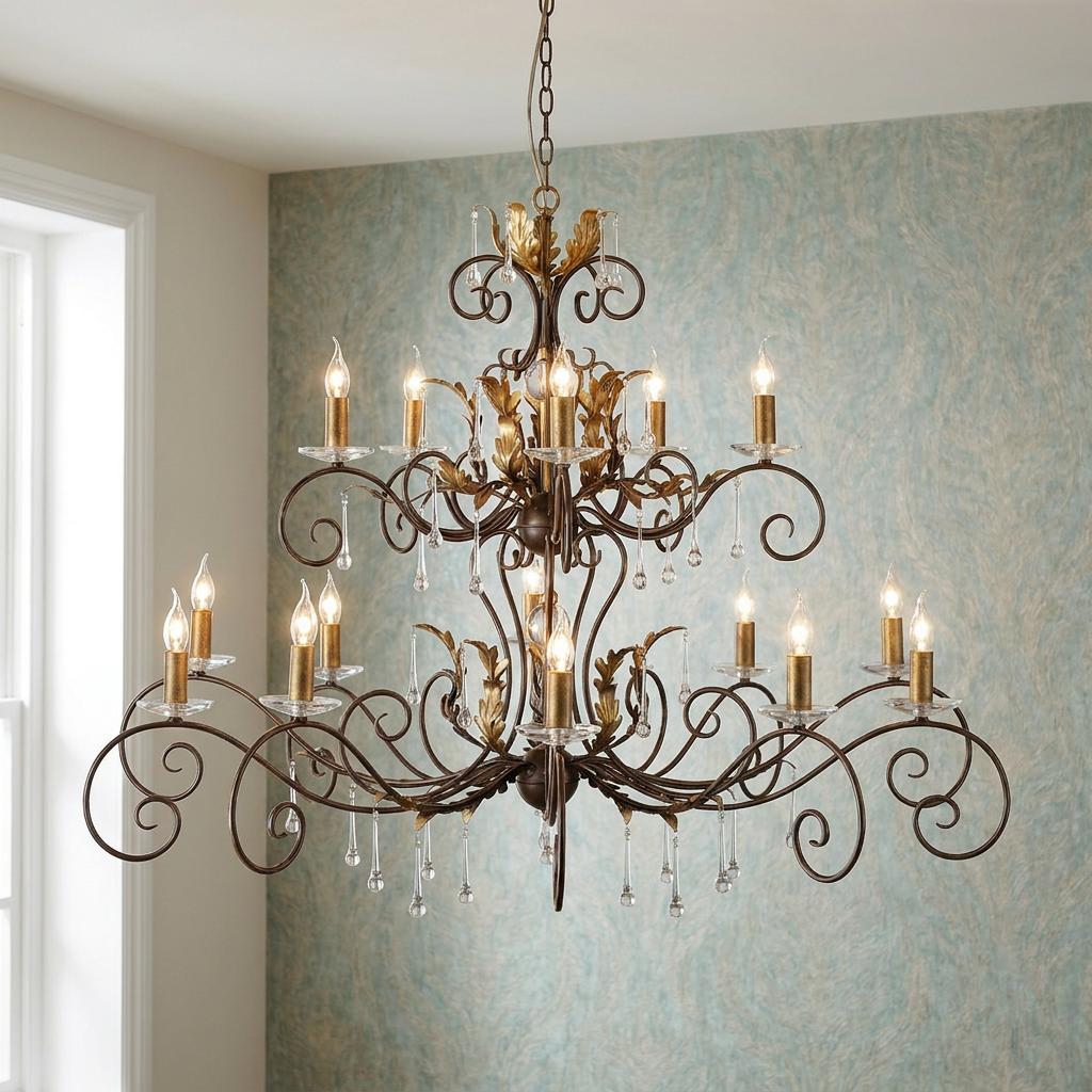15-light bronze chandelier with gold leaf accents and crystal droplets hanging against a blue textured wall.