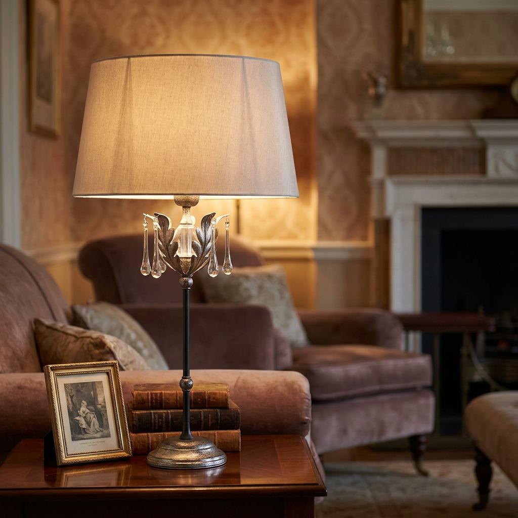 Elegant silver table lamp with crystal droplets and a cream shade on a wooden side table in a cozy living room.