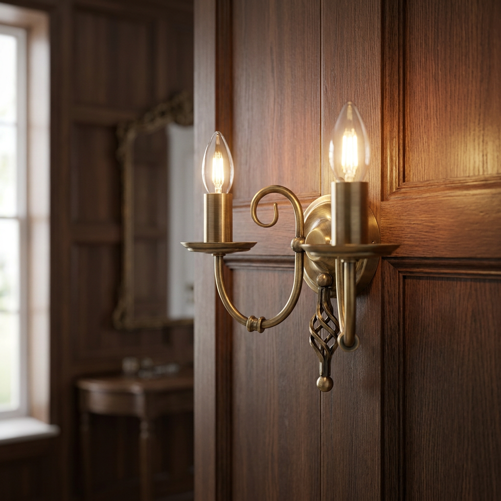 Elstead Artisan aged brass two-light wall sconce with glowing candle bulbs mounted on dark wood paneling.