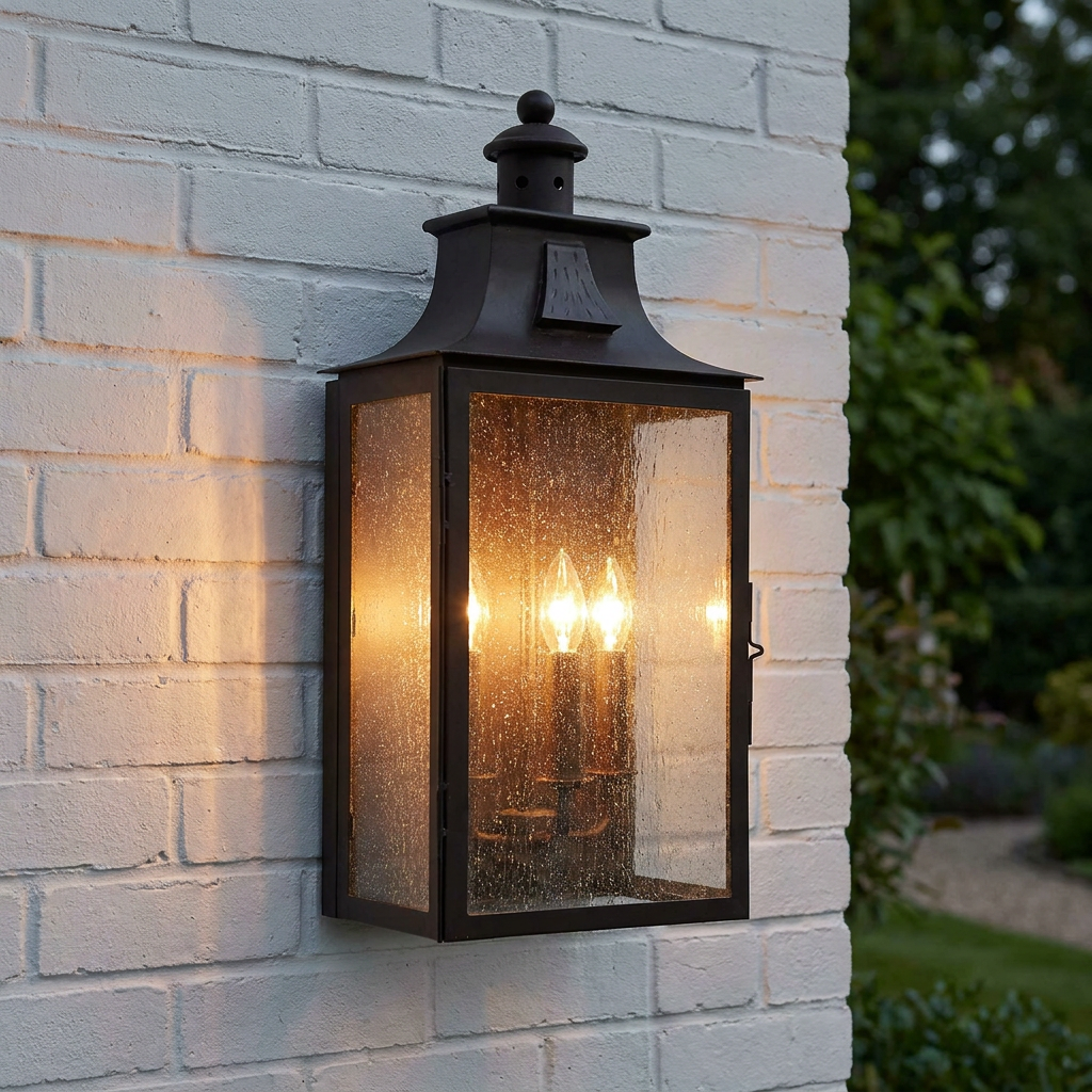Large bronze outdoor wall lantern with seeded glass and lit bulbs mounted on a white brick wall.