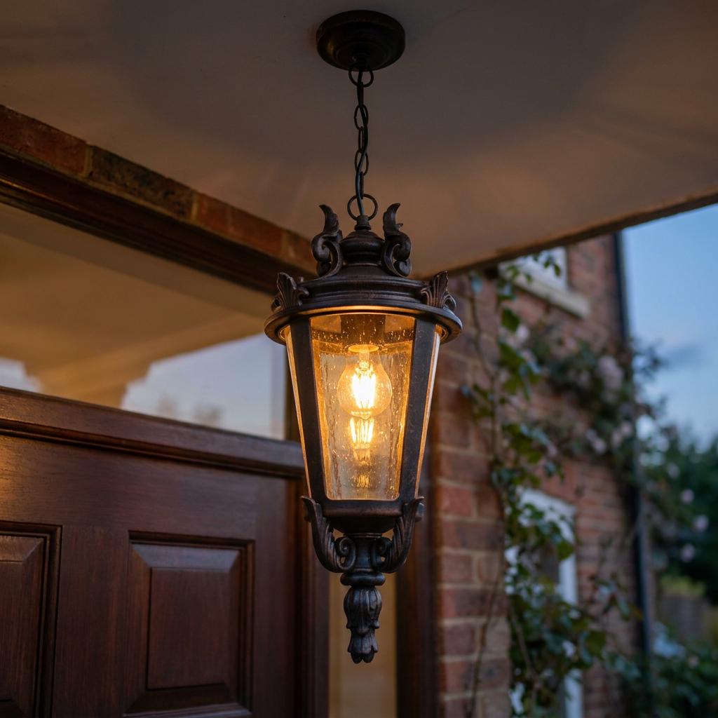 Weathered bronze outdoor pendant lantern with seeded glass panels hanging illuminated outside a house at dusk.