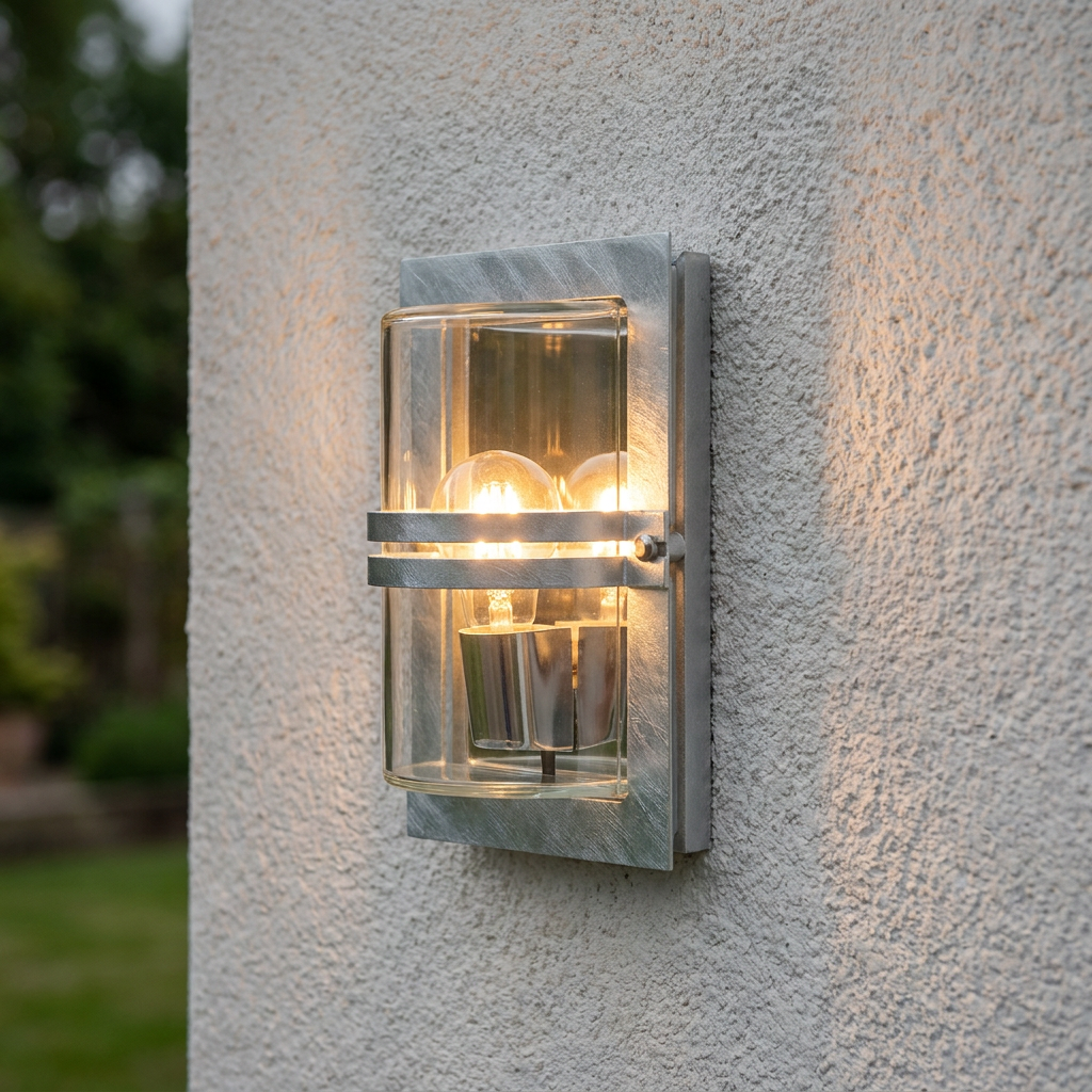 Elstead Basel galvanised steel outdoor wall light with clear glass and two lit bulbs on a white textured wall.