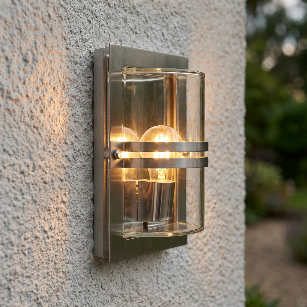 Illuminated stainless steel outdoor wall lantern with clear glass shade on a textured exterior wall.