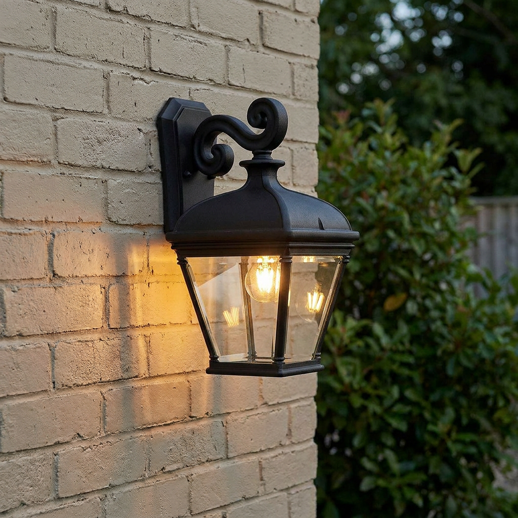 Elstead Bayview large outdoor wall lantern with a black finish and clear glass panels, lit on a light brick wall.