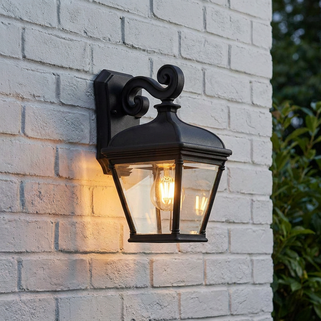 Traditional black Elstead Bayview outdoor wall lantern with a glowing bulb mounted on a white brick wall.