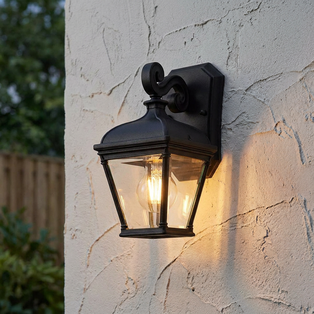 Black outdoor lantern with a glowing bulb and decorative scroll arm mounted on a textured white wall.