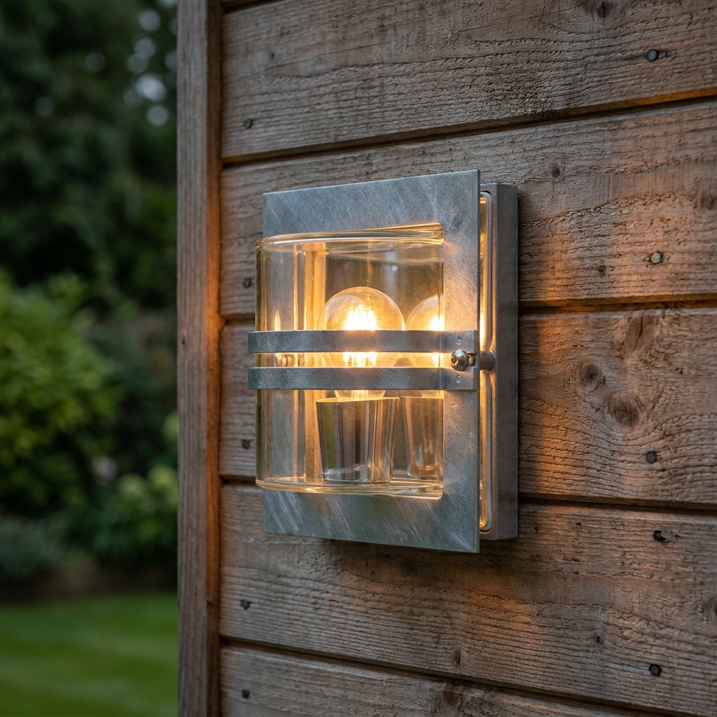 Galvanised steel outdoor wall light with a glowing bulb mounted on a rustic wooden plank wall.