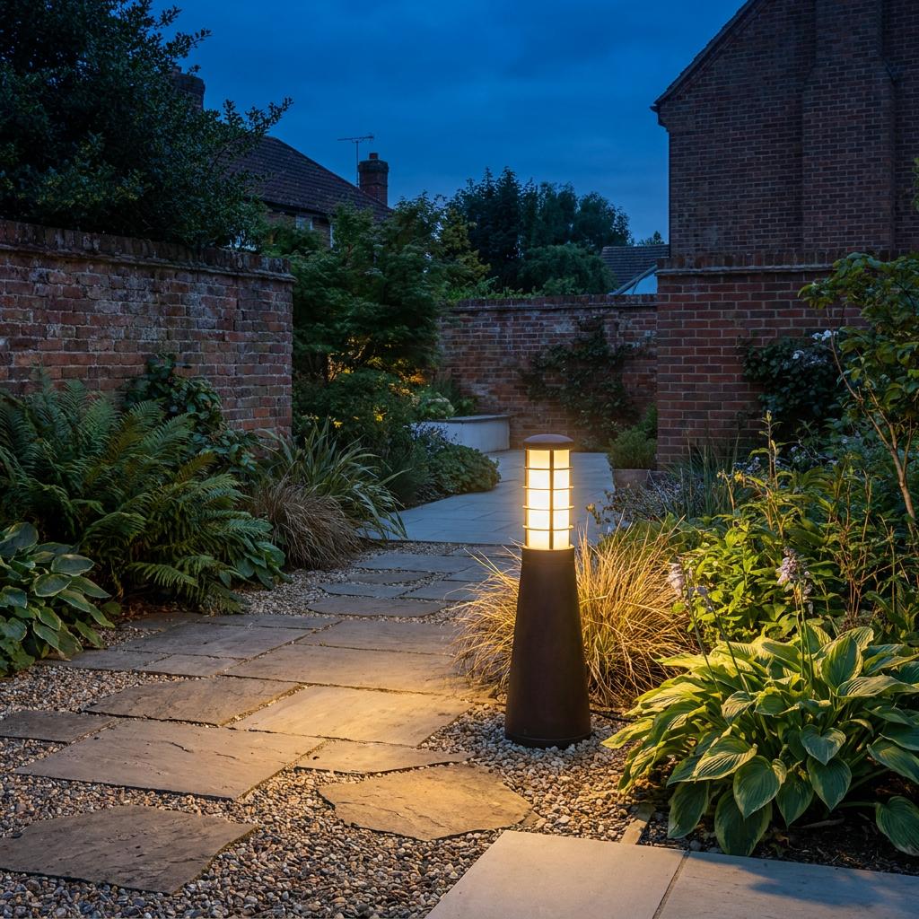 Aged iron garden bollard light illuminating a stone path at twilight, surrounded by lush greenery and brick walls.