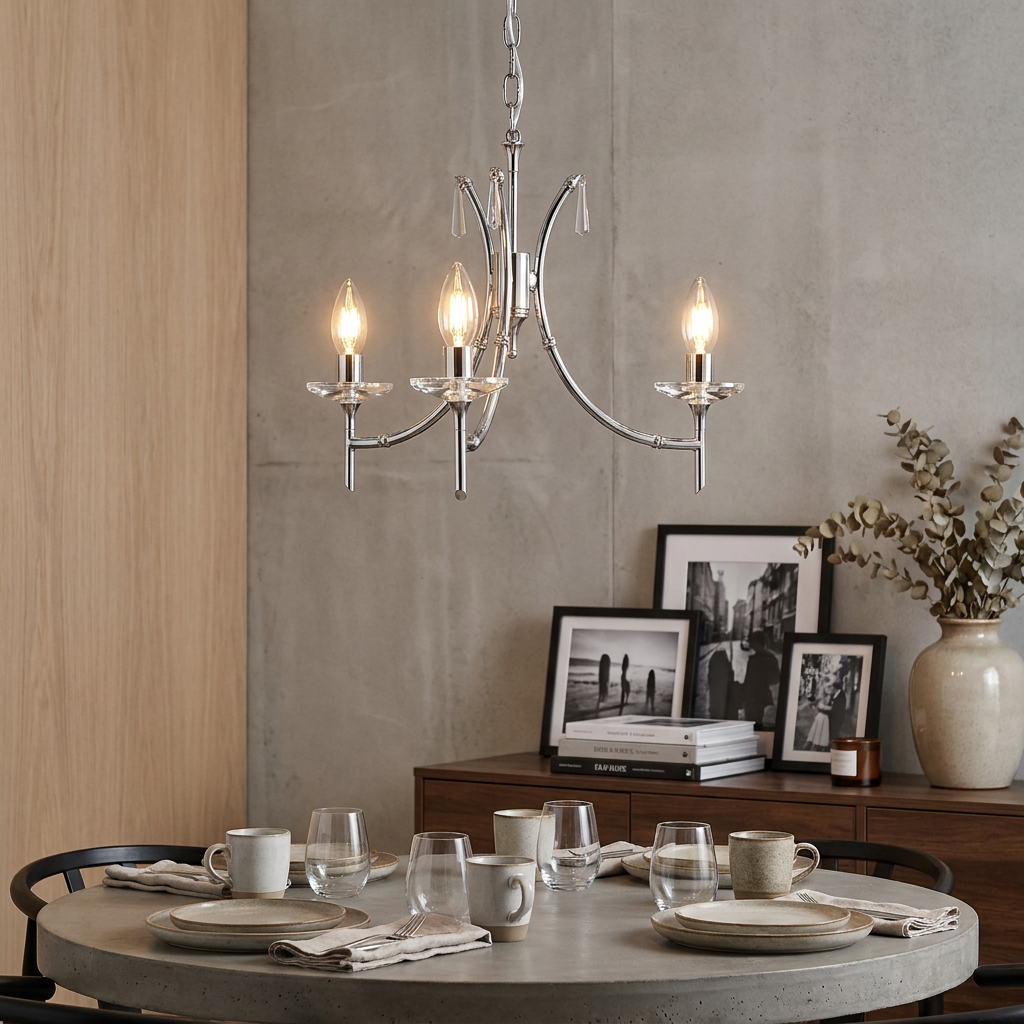 A polished nickel 3-light chandelier with crystal accents hangs above a set dining table in a minimalist room.