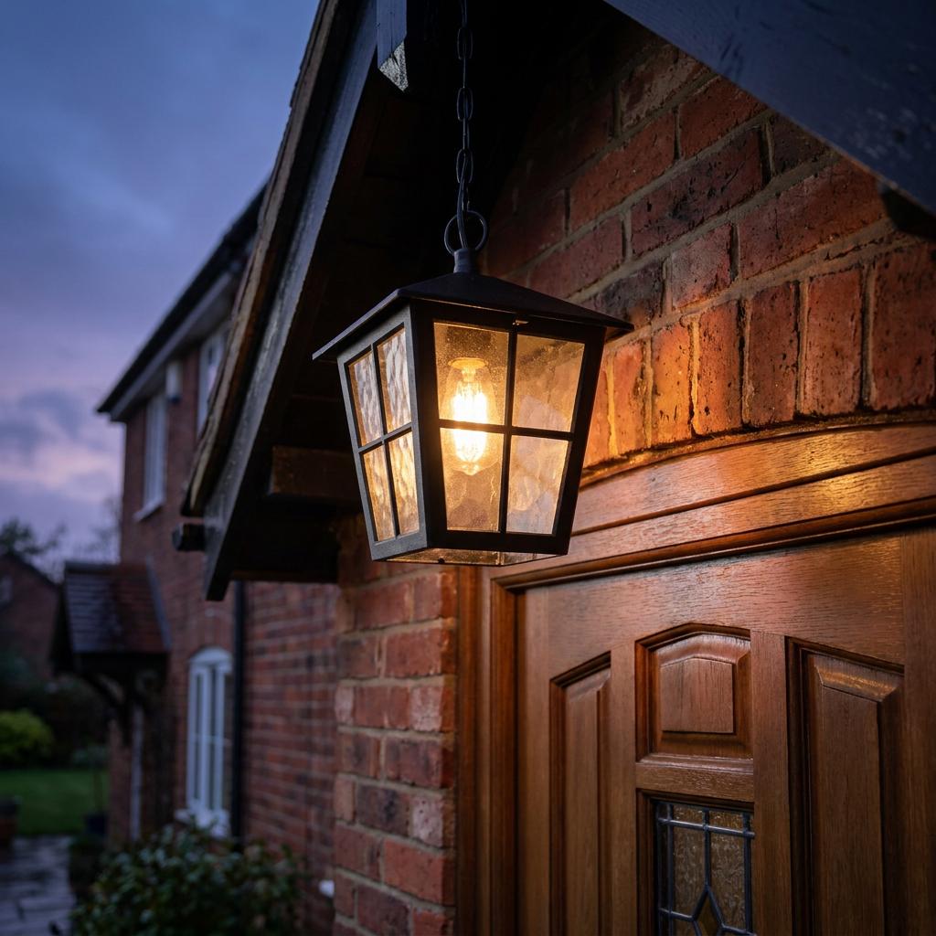Black lantern pendant light illuminates a brick porch and wooden front door at dusk.