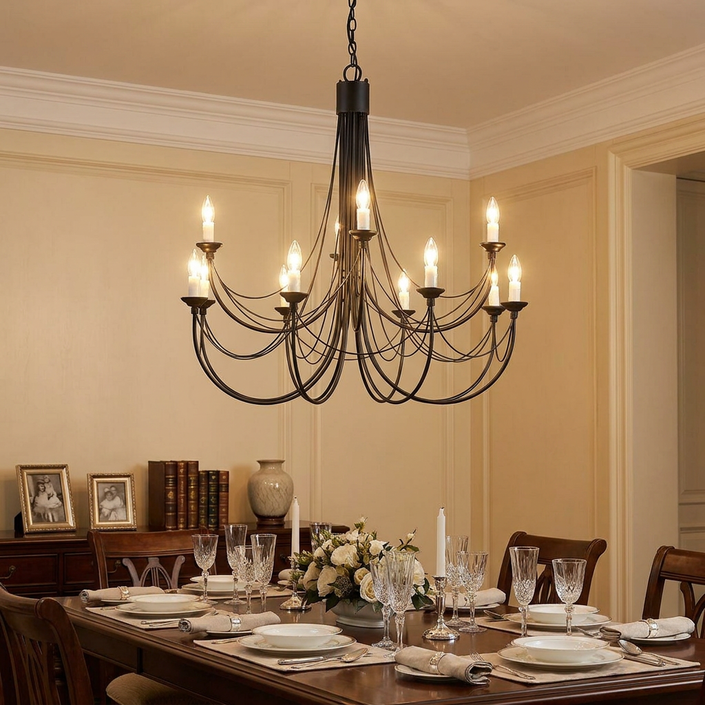 Elstead Carisbrooke 12-light chandelier in black finish hanging above a formal dining table set for a meal.