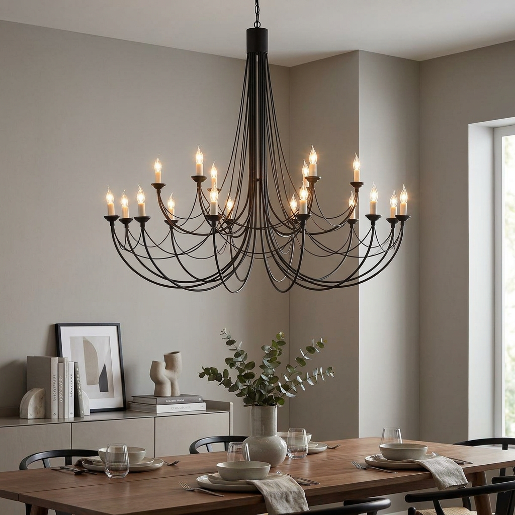 An 18-light black wrought iron chandelier hangs above a set dining table in a contemporary room.