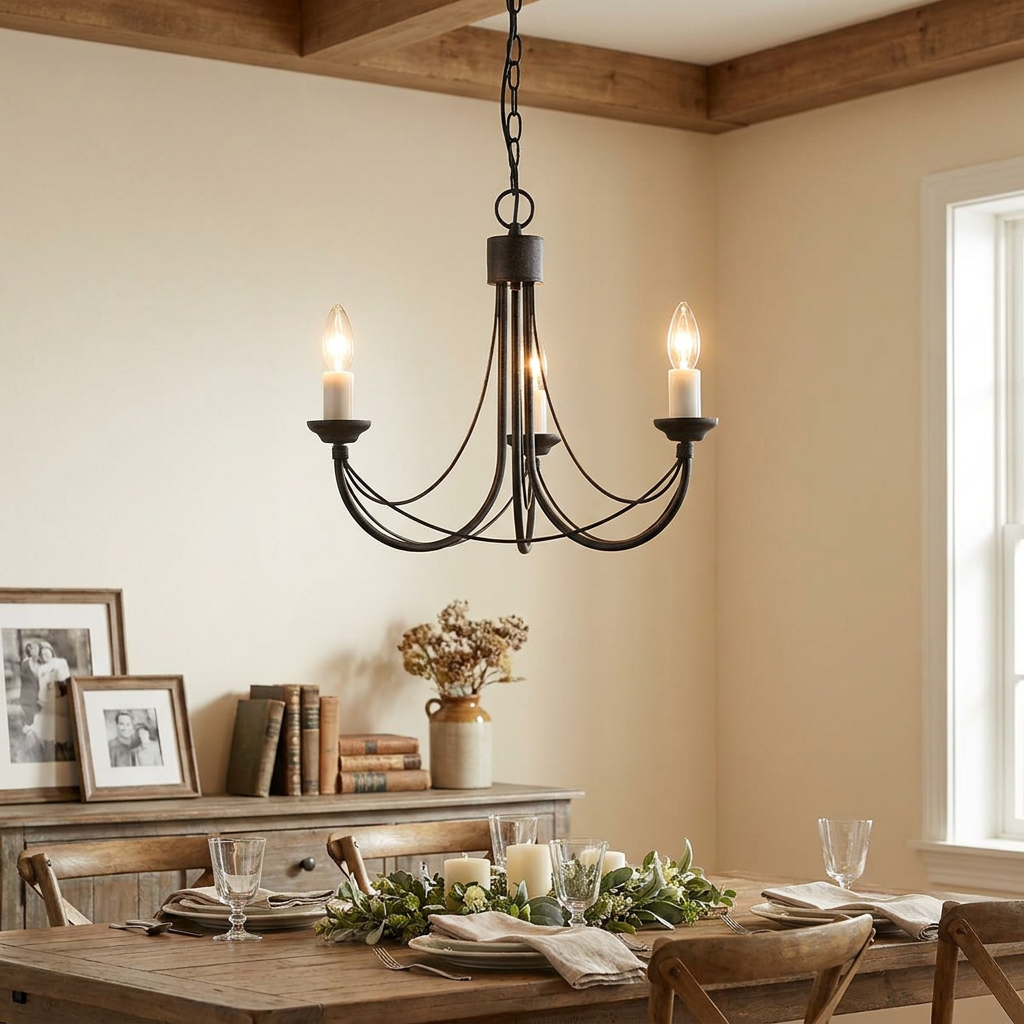 Elstead Carisbrooke 3-light black chandelier hanging above a set rustic wooden dining table.