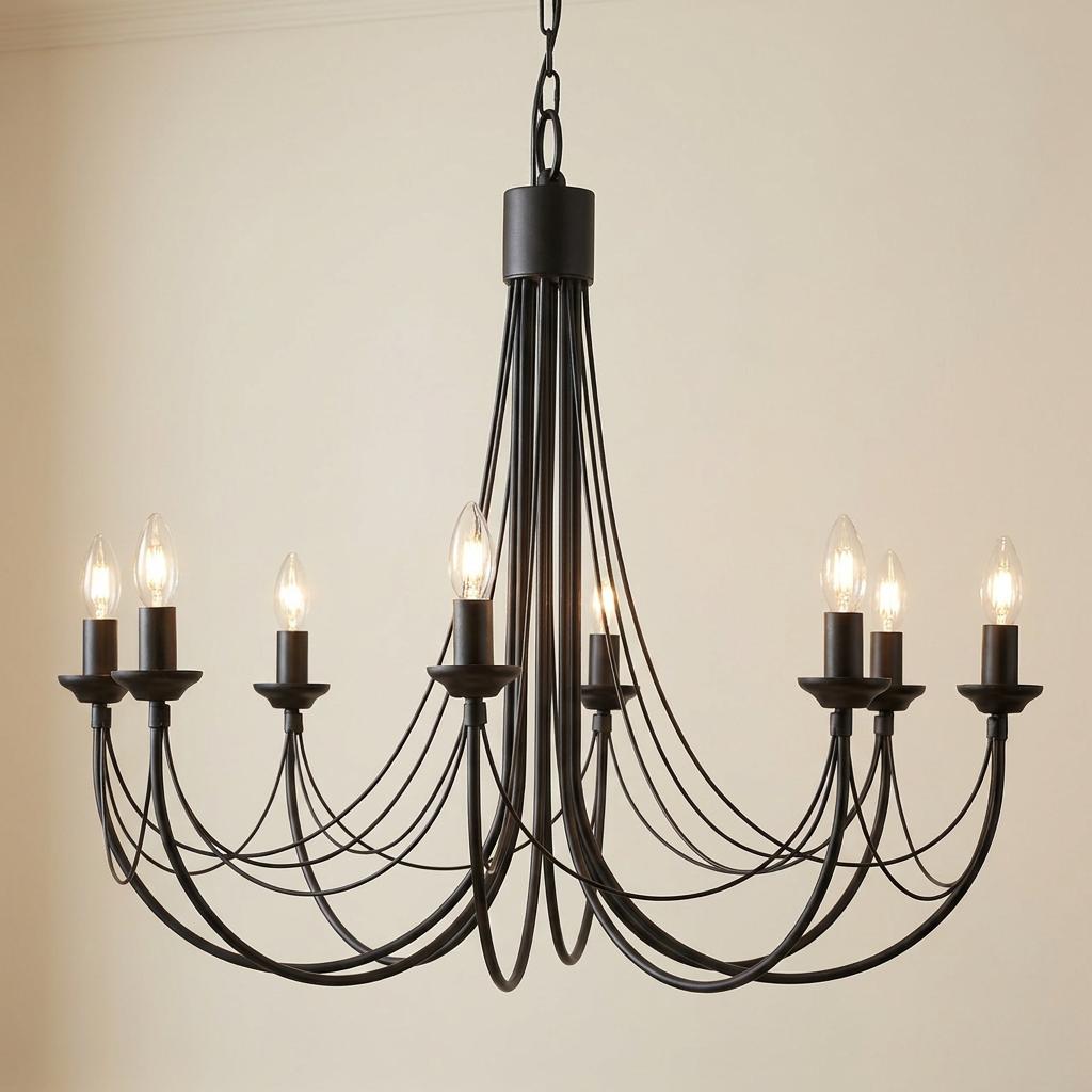 Elstead Carisbrooke 8-light gothic black chandelier with curved metal arms and candle bulbs.