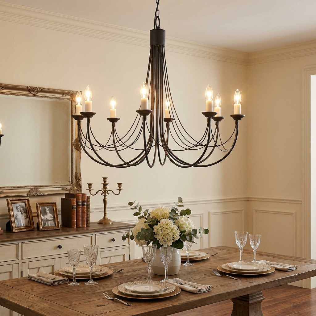 An 8-light black wrought iron chandelier with sweeping arms hanging over a set wooden dining table.