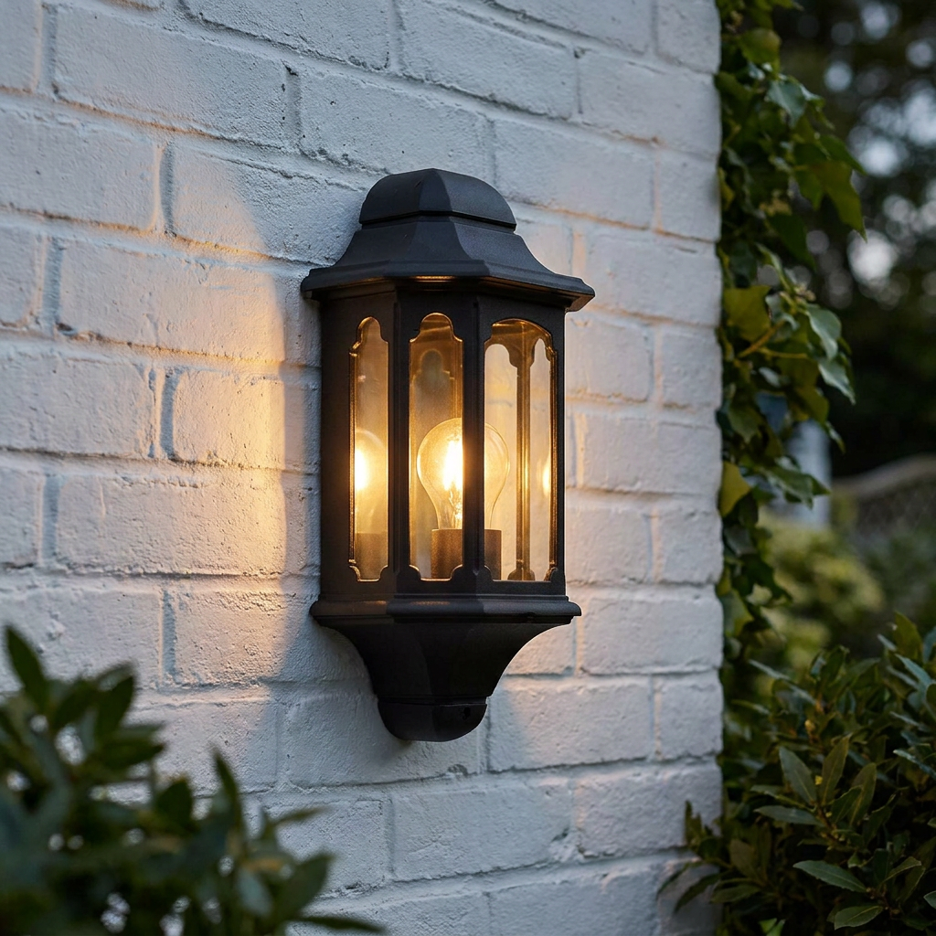 Black traditional half lantern wall light with a glowing bulb mounted on a white brick wall outdoors.