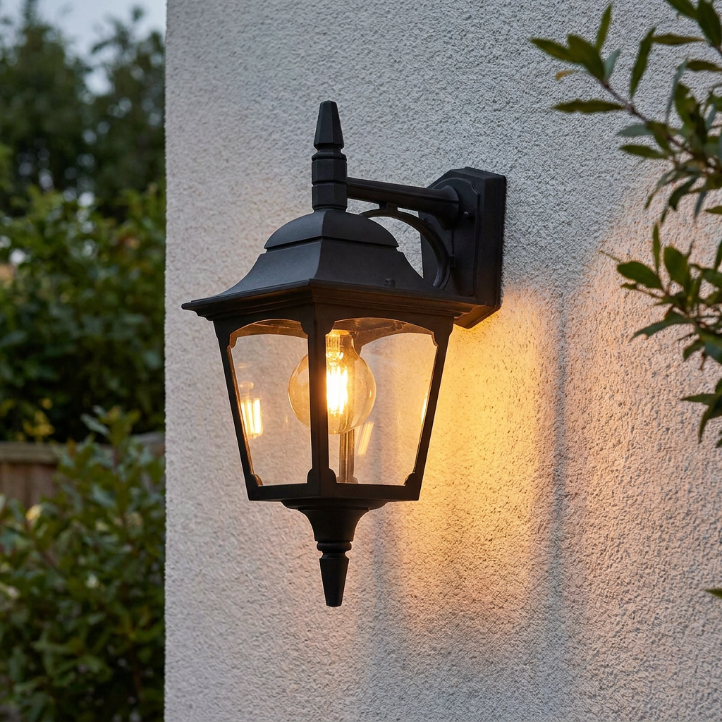 Traditional black outdoor wall lantern with a warm glowing bulb mounted on a white textured wall.