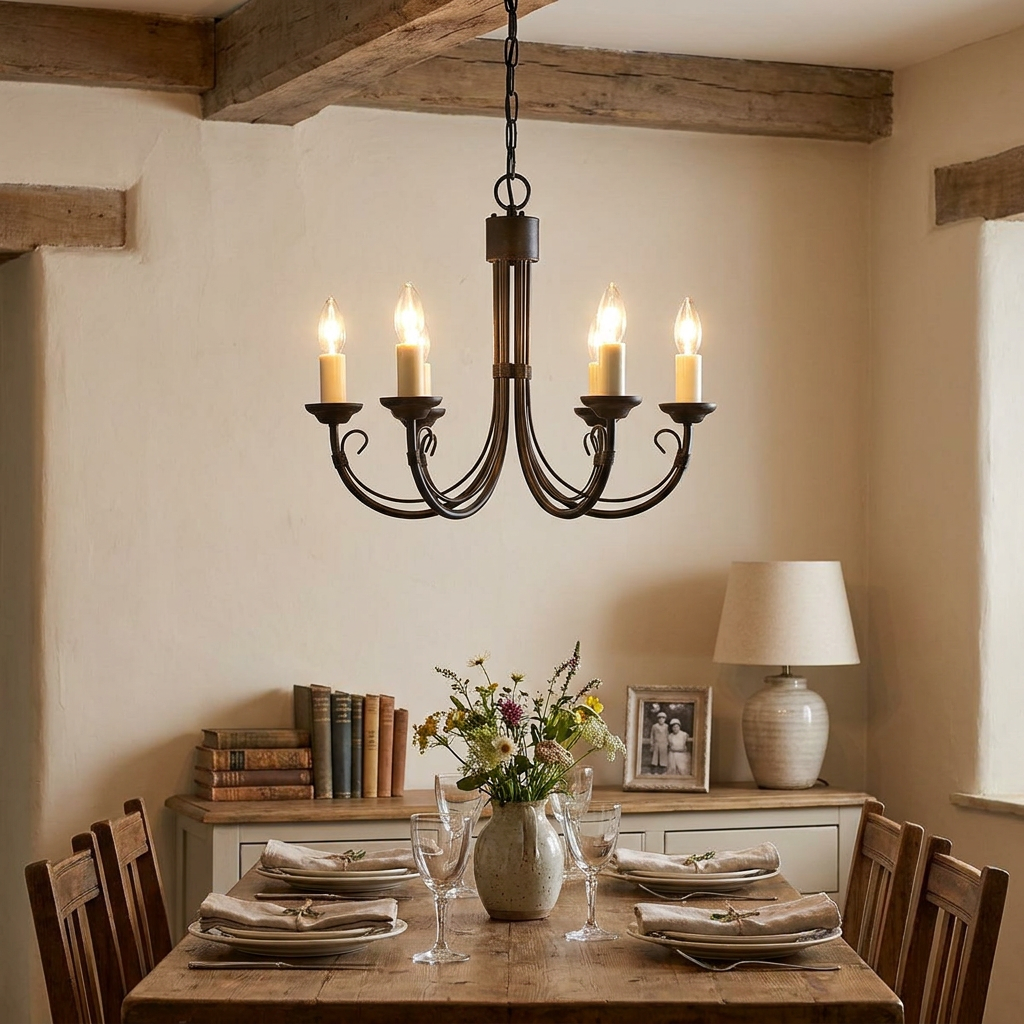 Elstead Chartwell 5-light black chandelier hanging over a rustic wooden dining table in a cozy room.