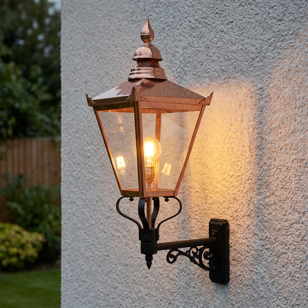 A polished copper lantern-style outdoor wall light with an illuminated bulb mounted on a white textured wall.