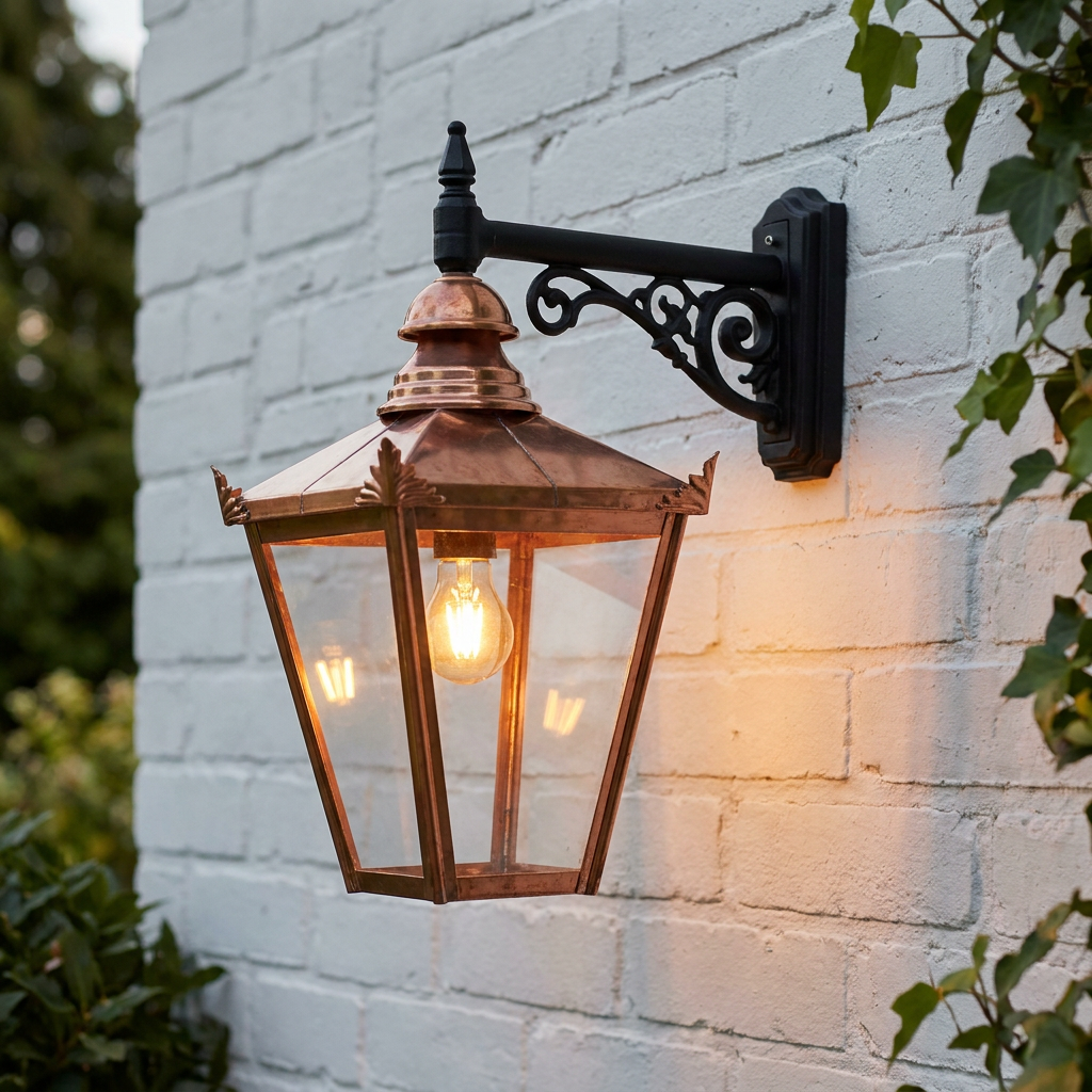 Traditional copper outdoor lantern with an ornate black bracket mounted on a white brick wall.