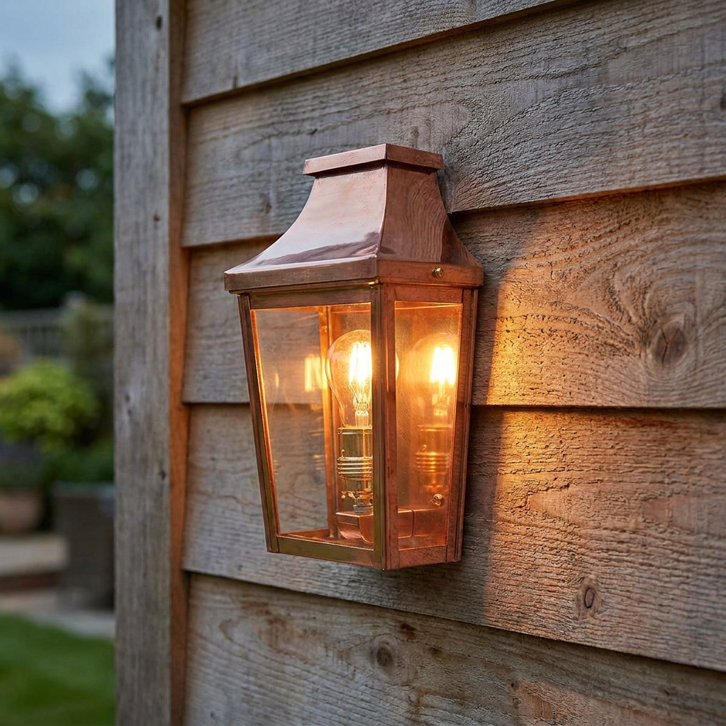 Polished copper outdoor lantern with a glowing bulb mounted on a rustic wooden exterior wall.