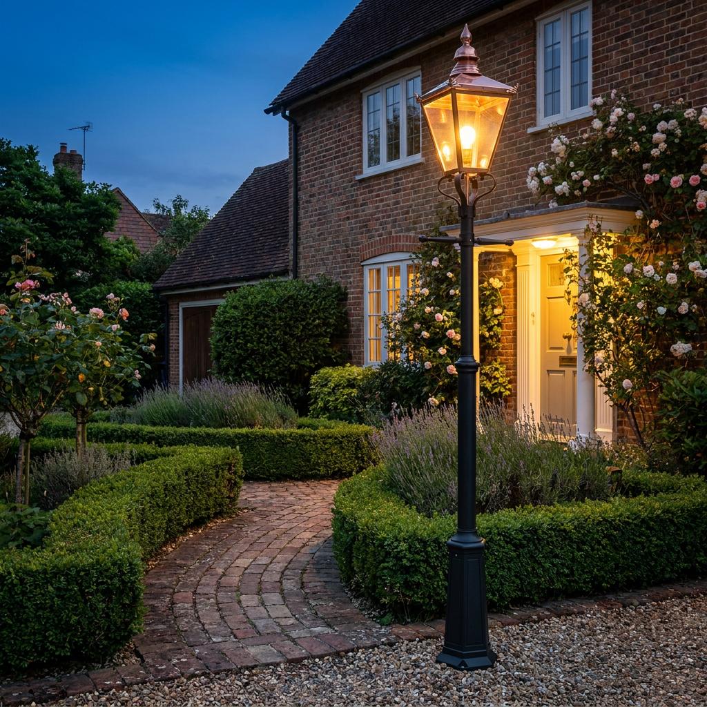 Elstead Chelsea copper outdoor lamp post lantern illuminating a brick path and garden at dusk.